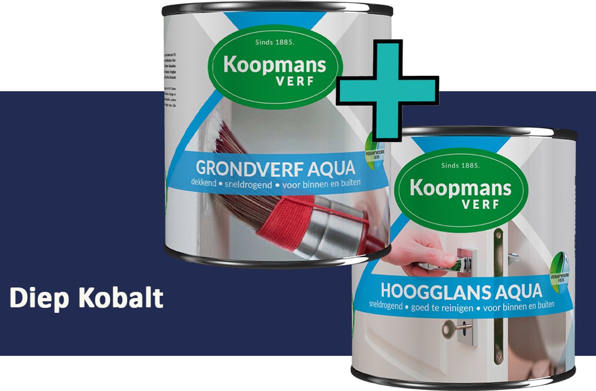 Koopmans Grondverf Aqua en Hoogglans Aqua Verfset - Binnen en Buiten - Diep Kobalt - 2x 750 ml