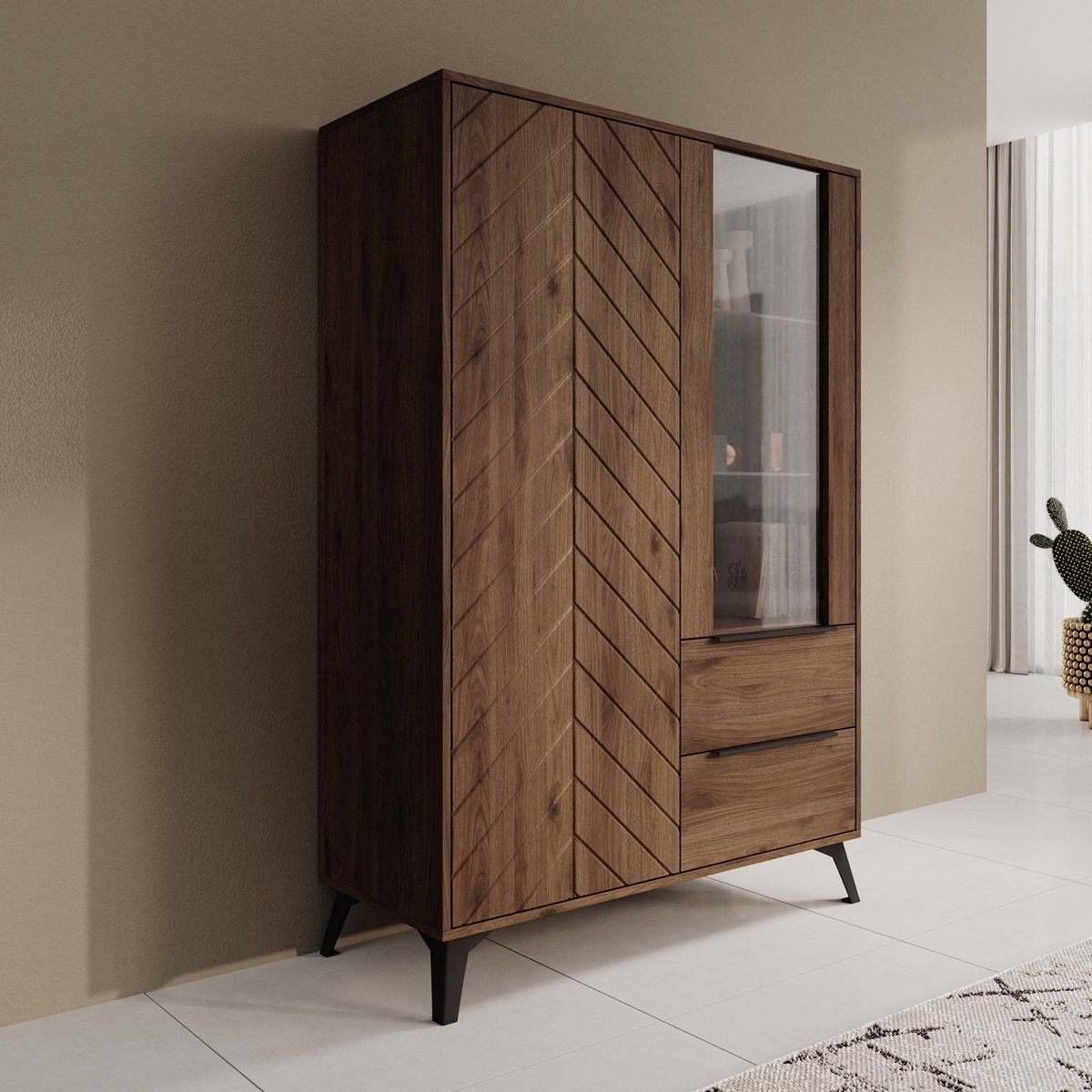 Meubella - Xiano - Vitrinekast - Donker eikenpatroon - 104x40x150 cm