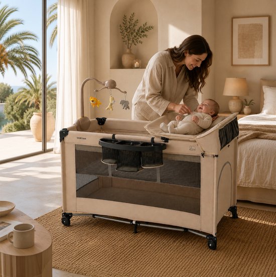 Moeder met baby bij beige Deryan campingbedje, met accessoires en mobiel, in een lichte slaapkamer.