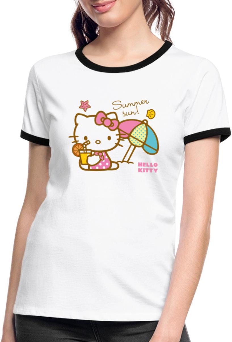 Hello Kitty Op Het Strand Onder Een Zonnescherm Vrouwen Contrast Shirt
