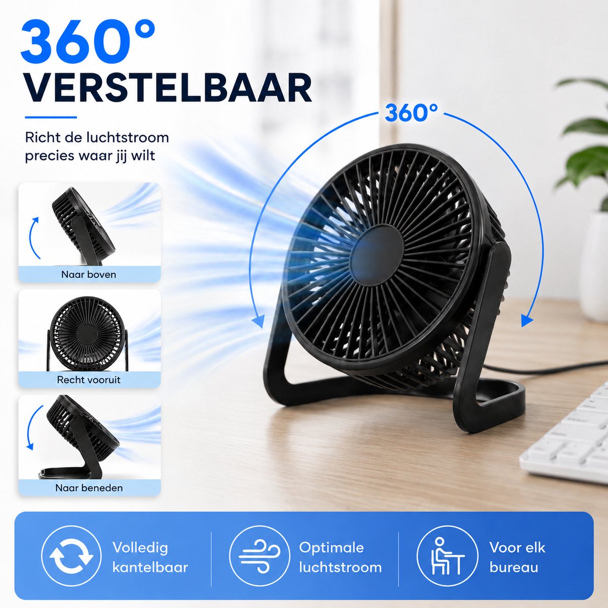 Bureau Ventilator - Zuinige Tafelventilator - Kleine USB Ventilator - Mini Bureauventilator - Kantelbare Statiefventilator - Compacte USB-C Fan - Tafelventilator Geluidloos - Bureau Airco - Desk Fan - Deskventilator - Zwart - Silvergear — afbeelding 7