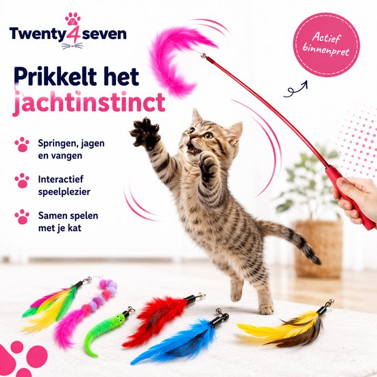 Kitten jaagt op roze veer aan hengel. Diverse veren en wormen liggen op het kleed.