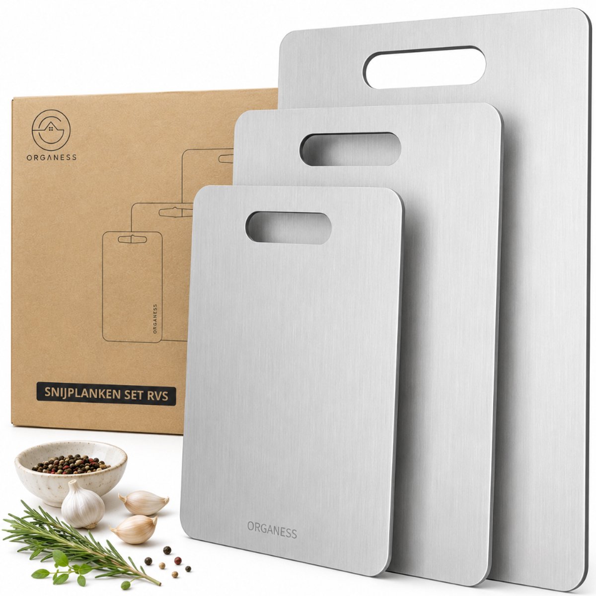Organess 3-Delige RVS Snijplankenset (34x23 / 29x20 / 15x15cm) - Voor Keuken, Snijplanken, Kaasplank, Borrelplank en Tapasplank - Snijplanken RVS