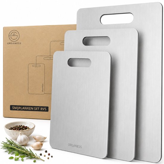 Organess 3-Delige RVS Snijplankenset (34x23 / 29x20 / 25x15cm) - Voor Keuken, Snijplanken, Kaasplank, Borrelplank en Tapasplank - Snijplanken RVS