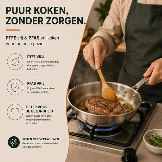 Een man bereidt een biefstuk met een houten spatel in een Organess RVS koekenpan op inductie.