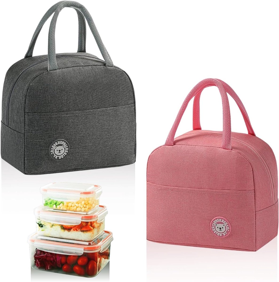 Vouwbare Koeltas voor Lunch, Fruit en Snacks - 2 Stuks, Compact en Handig, 23 x 21 x 13 cm, Grijs en Roze