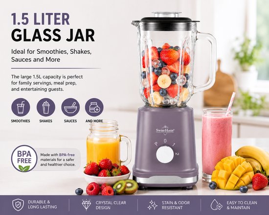 Swiss Haus® BL1815 Blender - 500W - 1.5L Glazen kan - Smoothie maker & Grinder - 2 Snelheden + Pulse - RVS Messen - Vaatwasbestendig - BPA Vrij - Paars van Merkloos — afbeelding 5