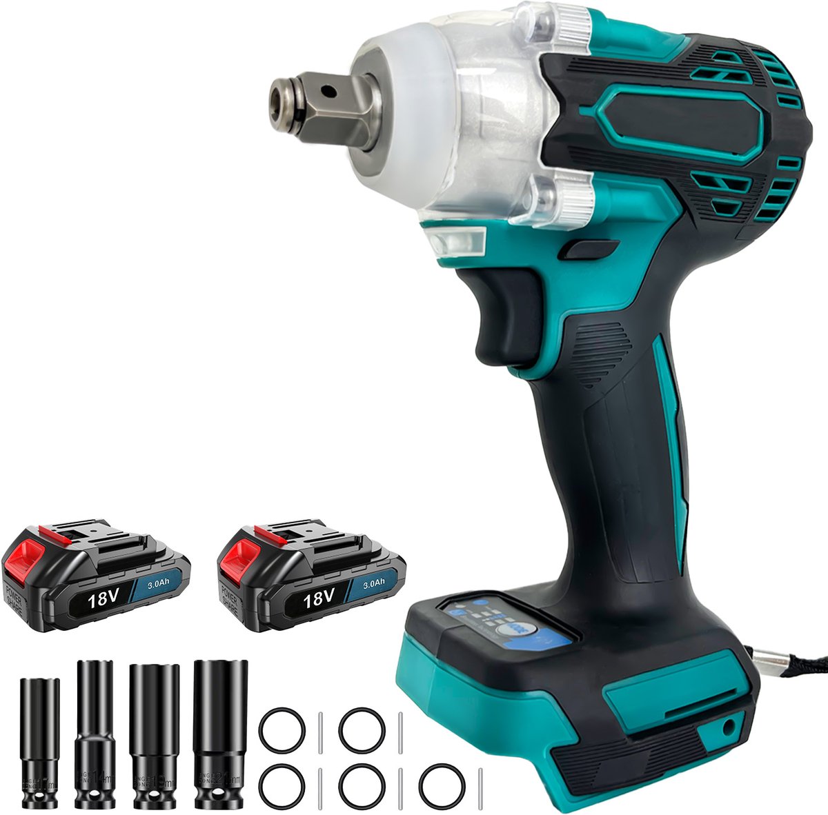 18V accuslagmoersleutel – borstelloos, 550 Nm koppel, 3000mAh accu, snellader en 4 doppen – voor auto en huis