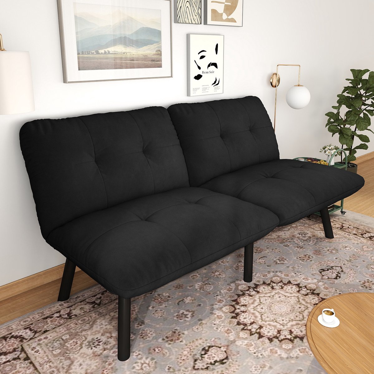 DESMIU Slaapbank 160 x 102 x 78 cm - Klapbare 2-Zits Futon Met Slaapfunctie - Voor Kleine Woonruimte En Logeerkamer - Fluweel Zwart