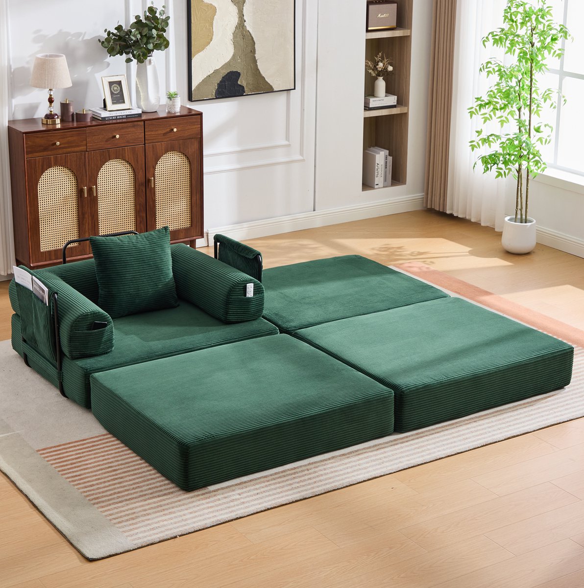 DESMIU Fauteuil 190 x 112 x 67 Cm - Met Hocker, Kussen En Zijvak - Voor Woonkamer, Slaapkamer En Balkon - Cordstof - Emerald Smaragdgroen