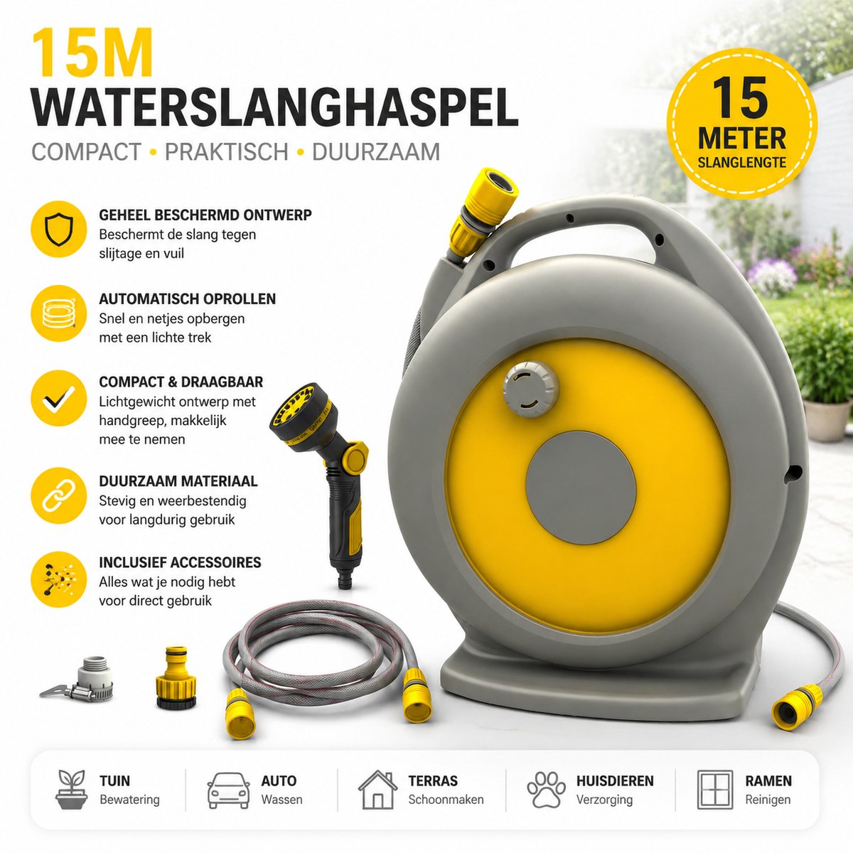 Tuinslanghaspel / Slangwagen / Waterpistoolset – 15m vorstbestendige slang + 2m aansluitslang – Met 4 snelkoppelingen, sproeikop & kraanadapter – Compact, knoopvrij – Incl. handleiding