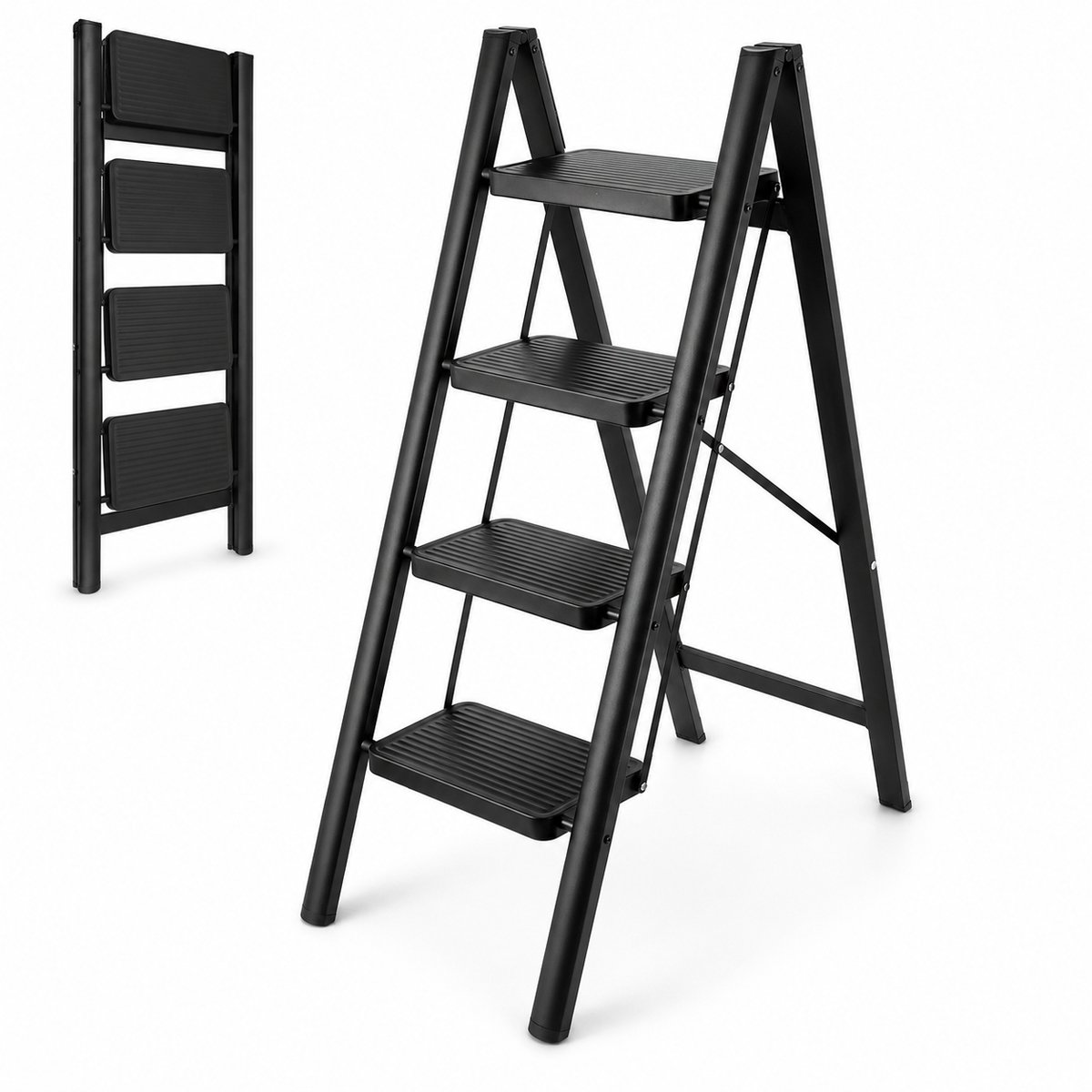 Lemlit Huishoudtrap 4 Treden 39 x 75 x 99 cm - Opvouwbare Stalen Trapladder tot 150 kg - Opstap voor Huis Kantoor en Keuken - Zwart