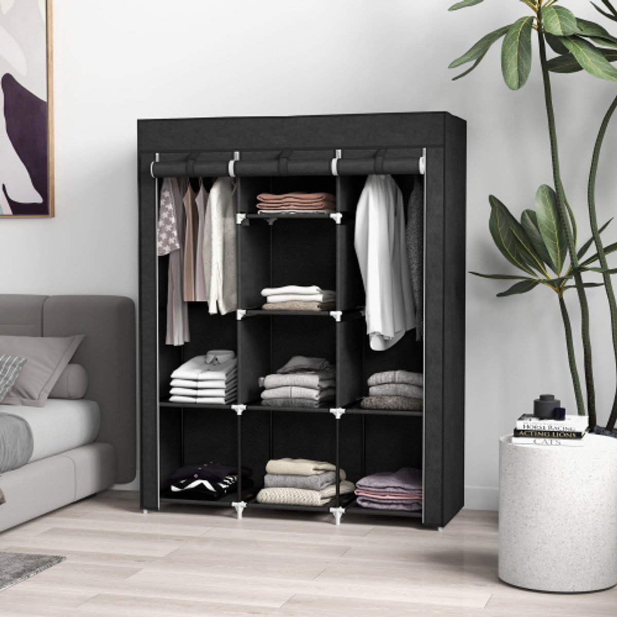 Zubaliya Stoff-Kledingkast-Met-Kledingroede-8-Lagen-125x43x162.5cm-Plakbare-Faltschrank-Ruimtebesparende-Garderobekast-Zwart-Opbergkast-Slaapkamer