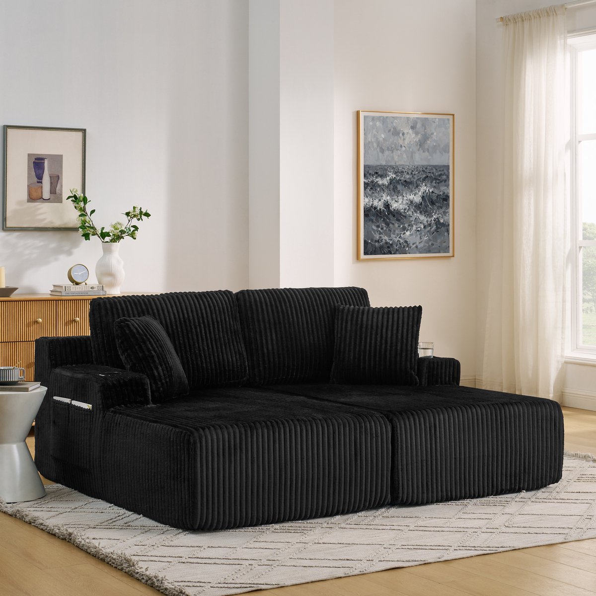 DESMIU Slaapbank 186 x 154 x 78 cm - 2-Zits Relaxbank Met Bekerhouder En Zijvak - Voor Woonkamer En Logeerkamer - Kordstof - Zwart