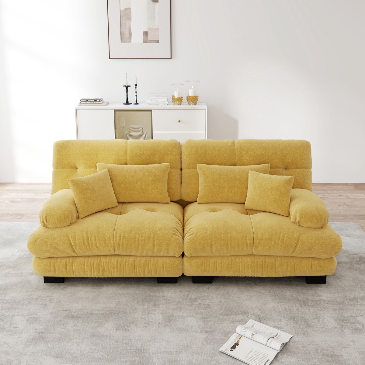DESMIU Bank 220 x 77 x 81 cm - Cloud Hoekbank Met 2 Lendenkussens En 2 Sierkussens - Voor Woonkamer - Chenille Geel