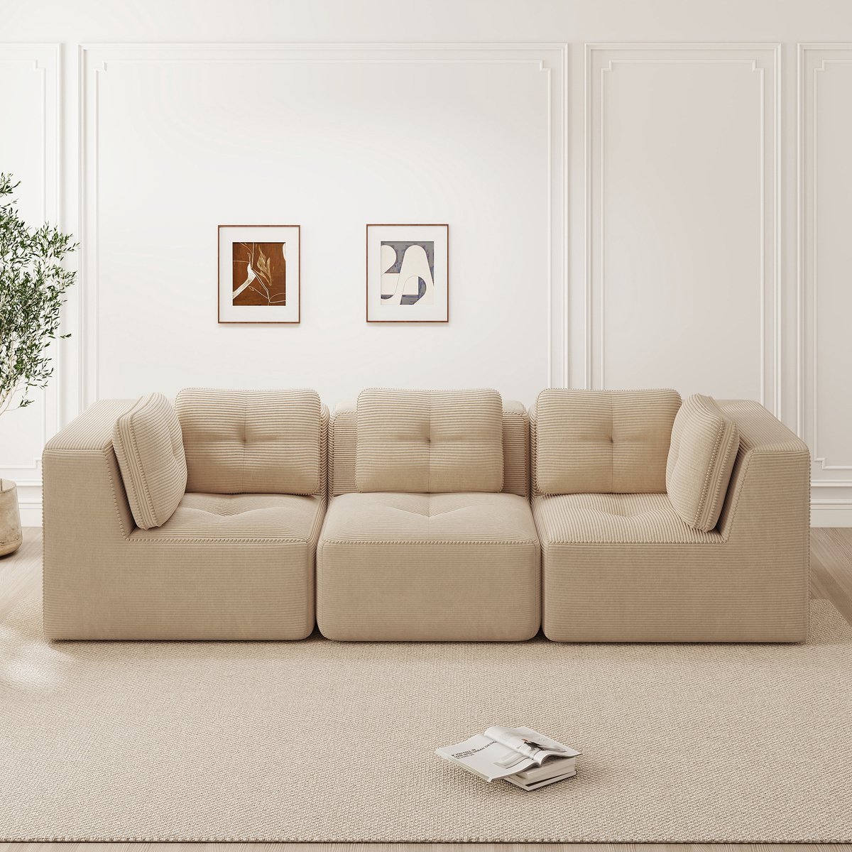 DESMIU Zitbank 297 Cm - Modulaire 3 Zits Met Diepe Zitting Zonder Montage - Voor Woonkamer En Zithoek - Corduroy Beige