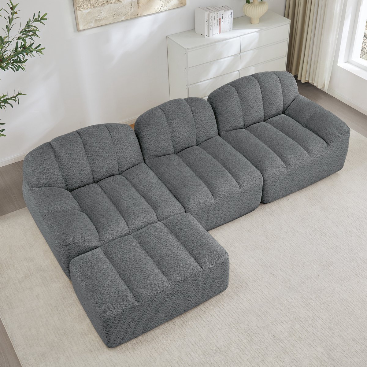 DESMIU Hoekbank 288 x 165 x 79 cm - Modulaire 3-Zits Met Ottoman En Diepe Zit - Voor Woonkamer En Appartement - Fleece Grijs