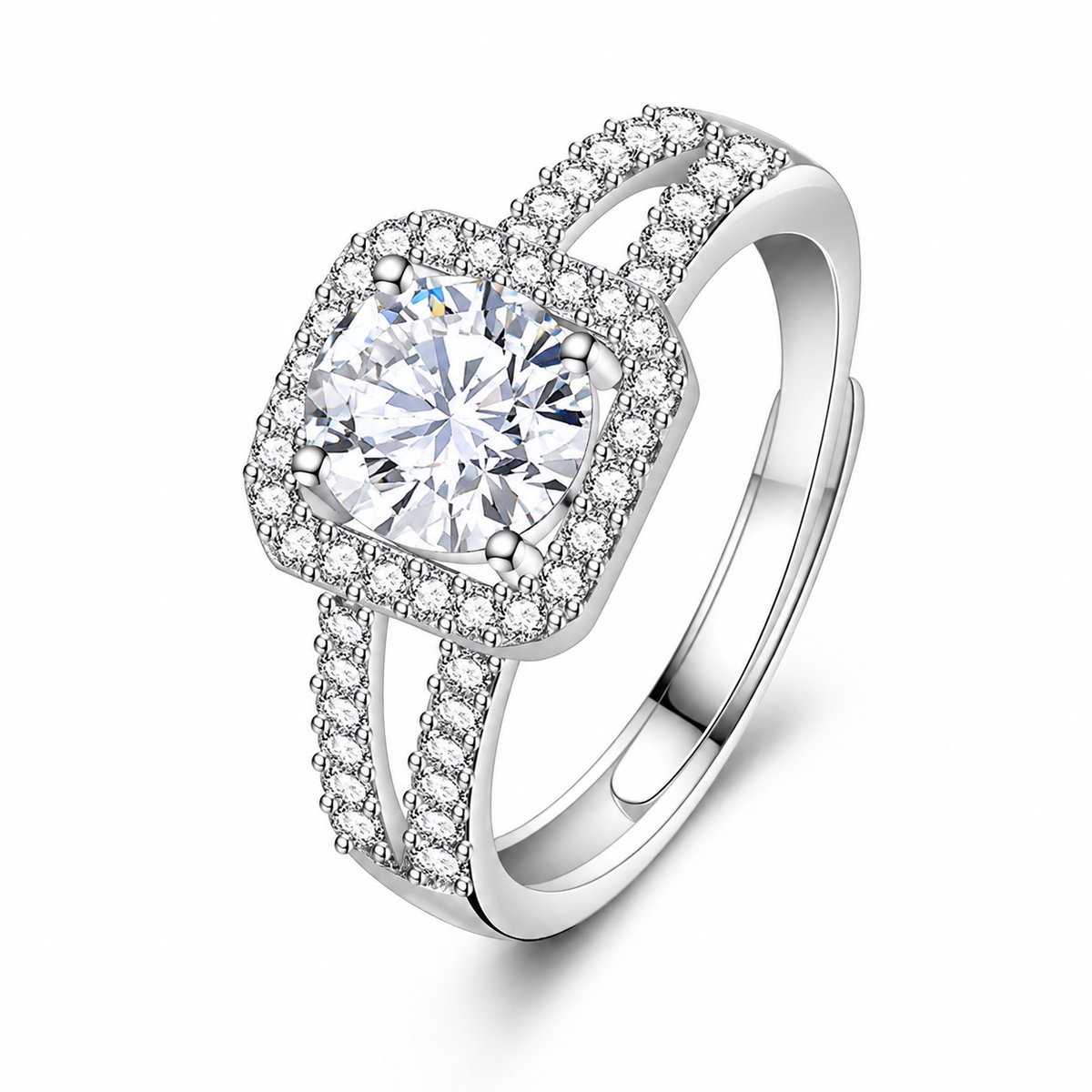 Matthew Studio® Luxe Dames Ring 925 Zilver met Zirkonia – Verstelbare Halo Ring – Cadeau voor Haar – Inclusief Cadeauverpakking
