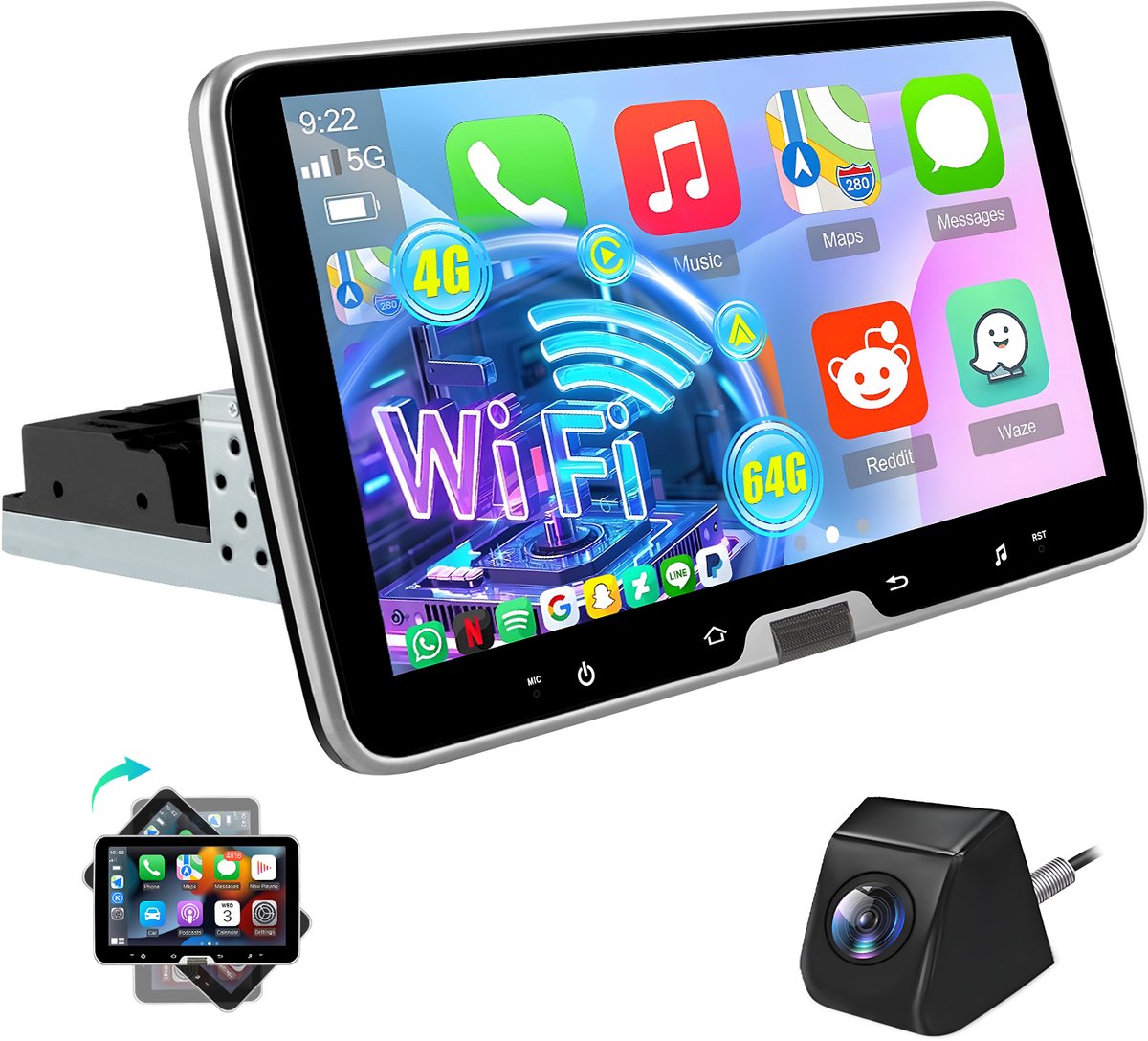Cestovet 1DIN Autoradio 360° - Android 15 - 4+64G - draaibaar scherm Draadloos Carplay & Andriod Auto - Bluetooth - GPS-navigatiesystem - Achteruitrijcamera