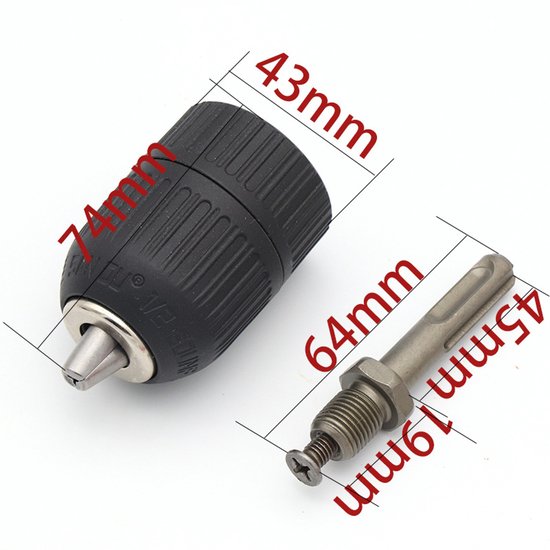 Zwarte boorkop en SDS-adapter met afmetingen. Lengte 74mm, breedte 43mm.