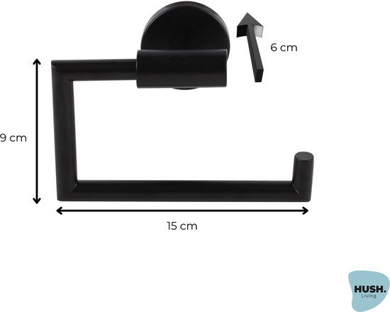 Zwarte toiletrolhouder van 15 cm breed, 9 cm hoog. Afmetingen: 15x9x6 cm.