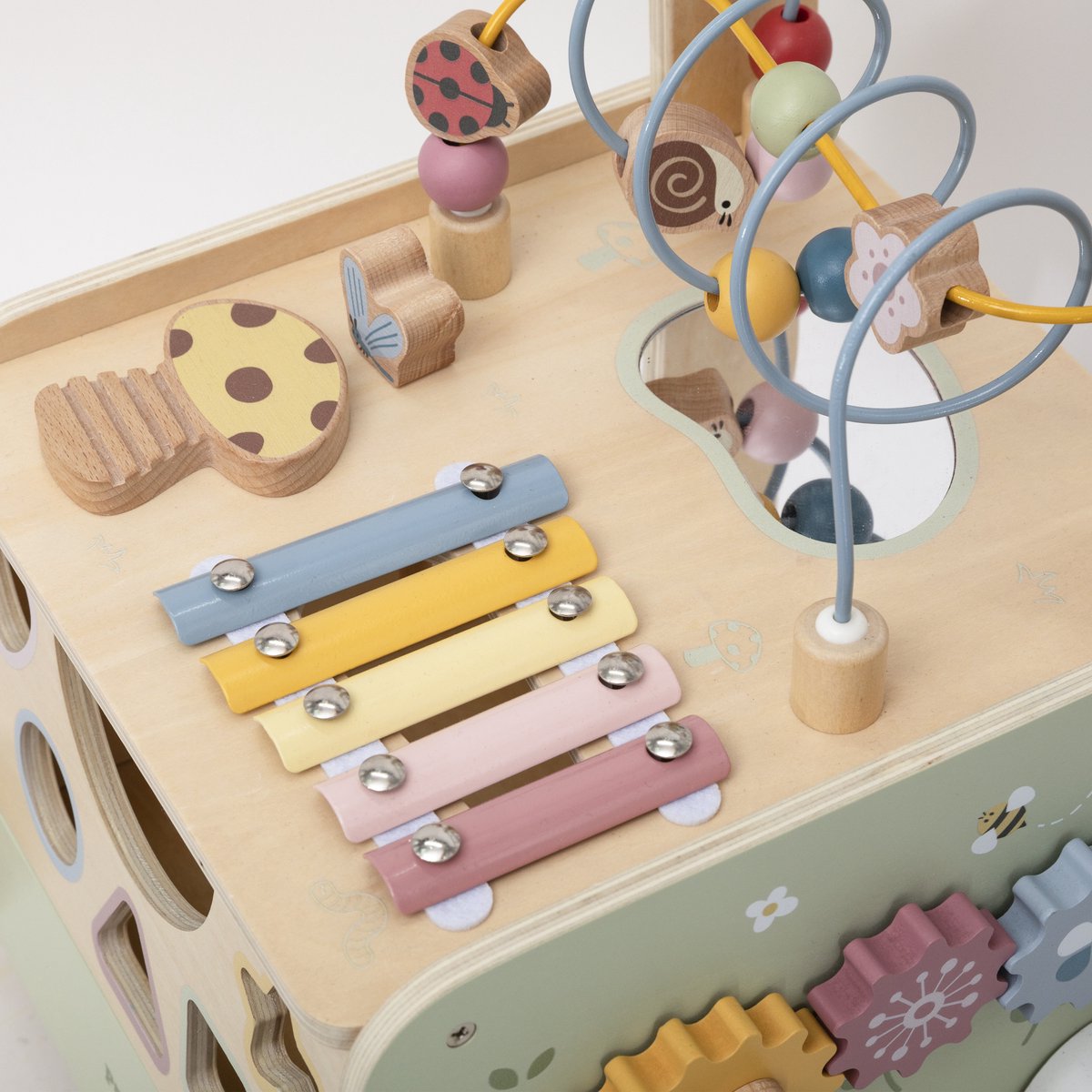 PolarB Houten Loopwagen met Activiteiten - Baby Walker met Blokken, Kralenbaan, Vormenstoof en Muziekinstrument - Educatief Speelgoed vanaf 12 Maanden – foto 2