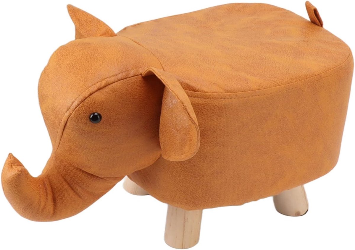 Dieren Kruk Olifant - Kinderkrukje Voetenbank - Kinderkamer Decoratie - Stevig Grenenhouten Frame - 30x30x25 cm - Oranje