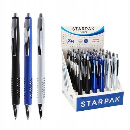 Trois stylos (noir, bleu, blanc) et un présentoir avec de nombreux stylos bille Starpak Pik.