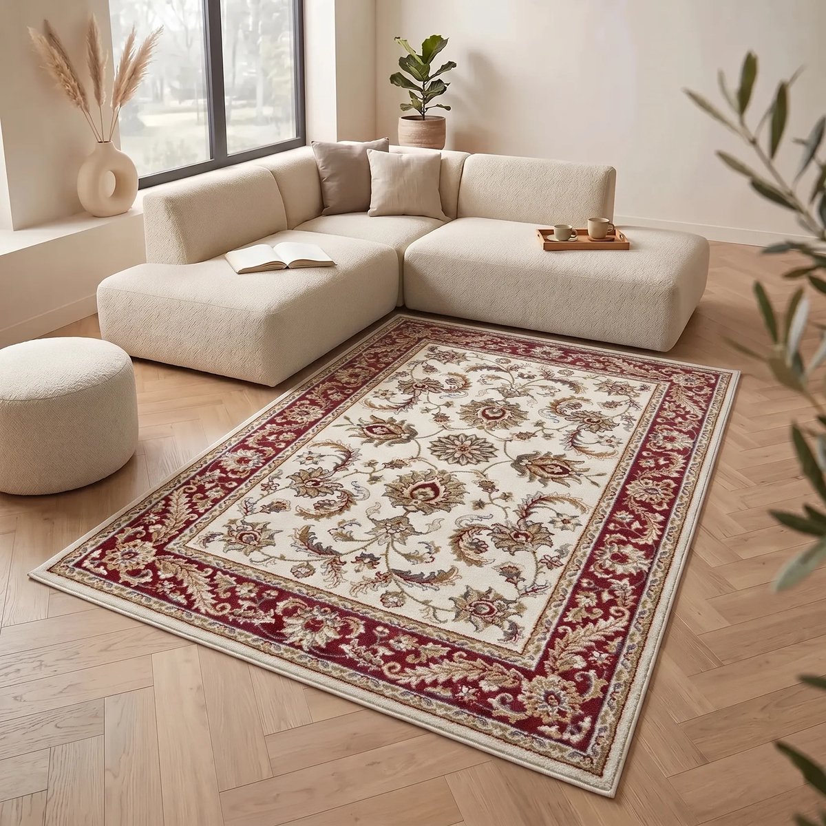 Flycarpets Klassiek Creme / Rood Vloerkleed Reni - 140x200 cm - Oosters motief - Perzisch Tapijt Laagpolig - Woonkamer