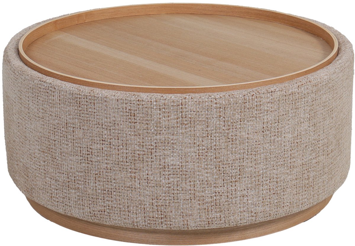 DÉJA Living Salontafel Marcia Taupe/Naturel – Rond – Met Opbergruimte – Chenille en Essenfineer – 83x83x40 cm