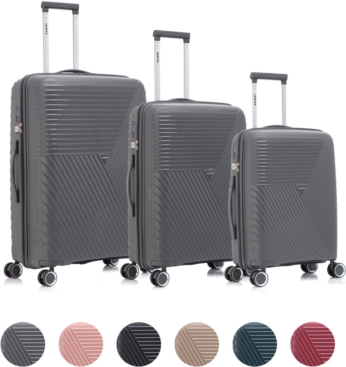 TRALEX - Voyager - 3 Delig kofferset - Handbagage 42L - Medium koffer 67L & Grote koffer 97L - Polypropyleen - Harde schaal - TSA-slot - Lichtgewicht - Flexibel - Duurzaam - Stille (rubberen) wielen - Dubbele spinnerwielen - Dim Grey