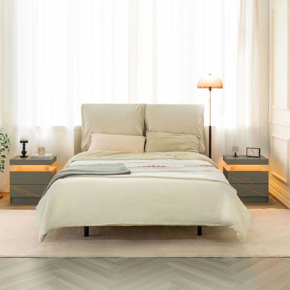 REDOM Nachtkastje met LED-verlichting - 2 laden en open vak - verstelbare meerkleurige verlichting - moderne stijl - slaapkamer of woonkamer - bewerkt hout - Grijs en goud