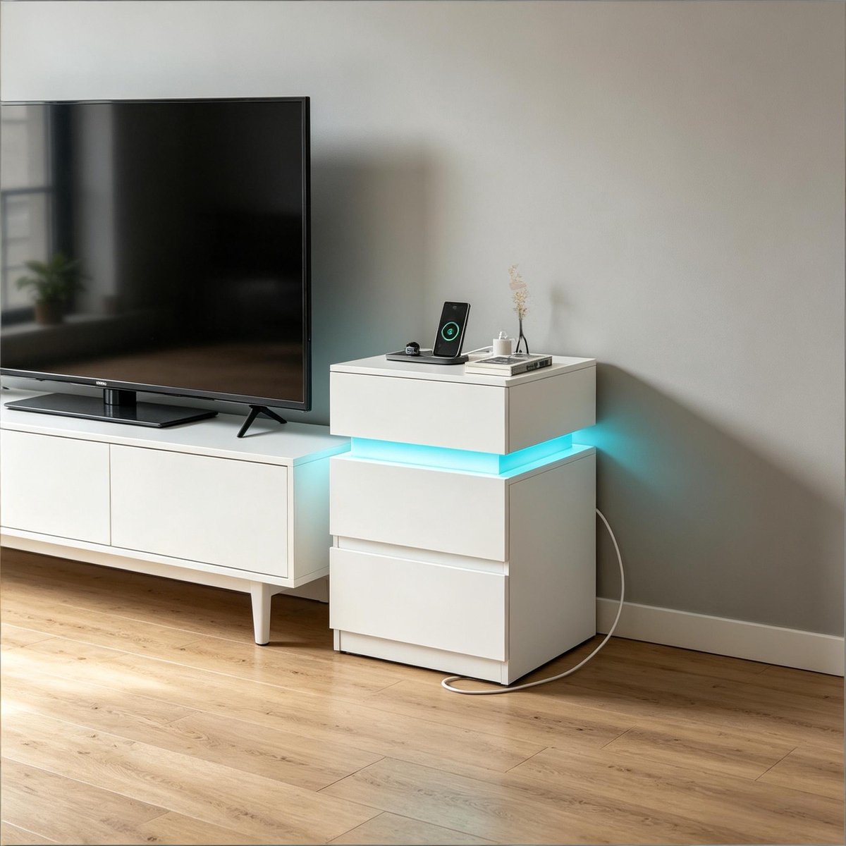 REDOM Set van 2 nachtkastjes - met LED-verlichting en laadstation - 2 lades en klepvak - moderne stijl - slaapkamer - hout - Wit - 40 x 35 x 55 cm
