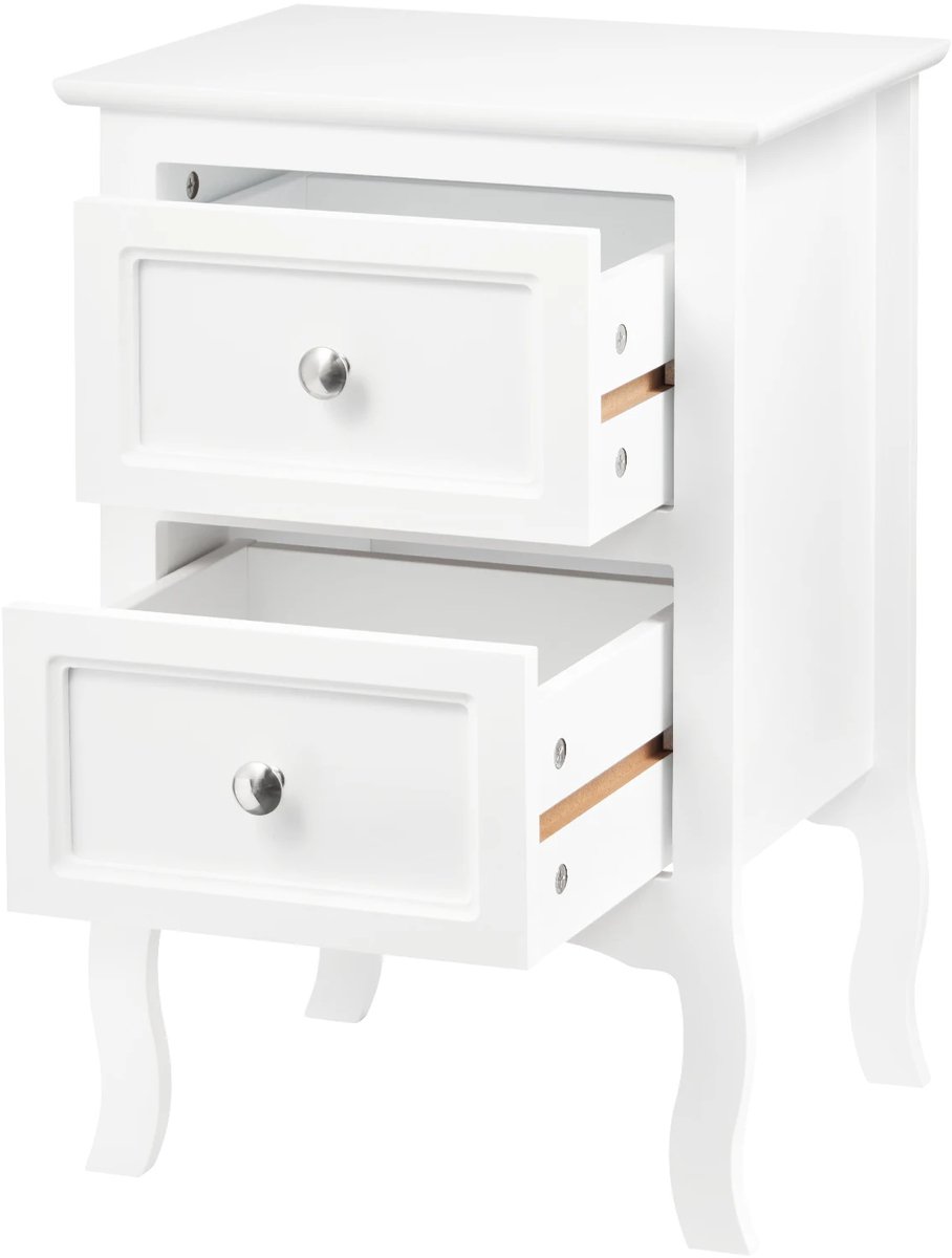 REDOM Nachtkastje - 2 gesloten lades - Gebogen poten en metalen knoppen - Moderne stijl - Slaapkamer - MDF en metaal - Wit - 40 x 60 x 30 cm