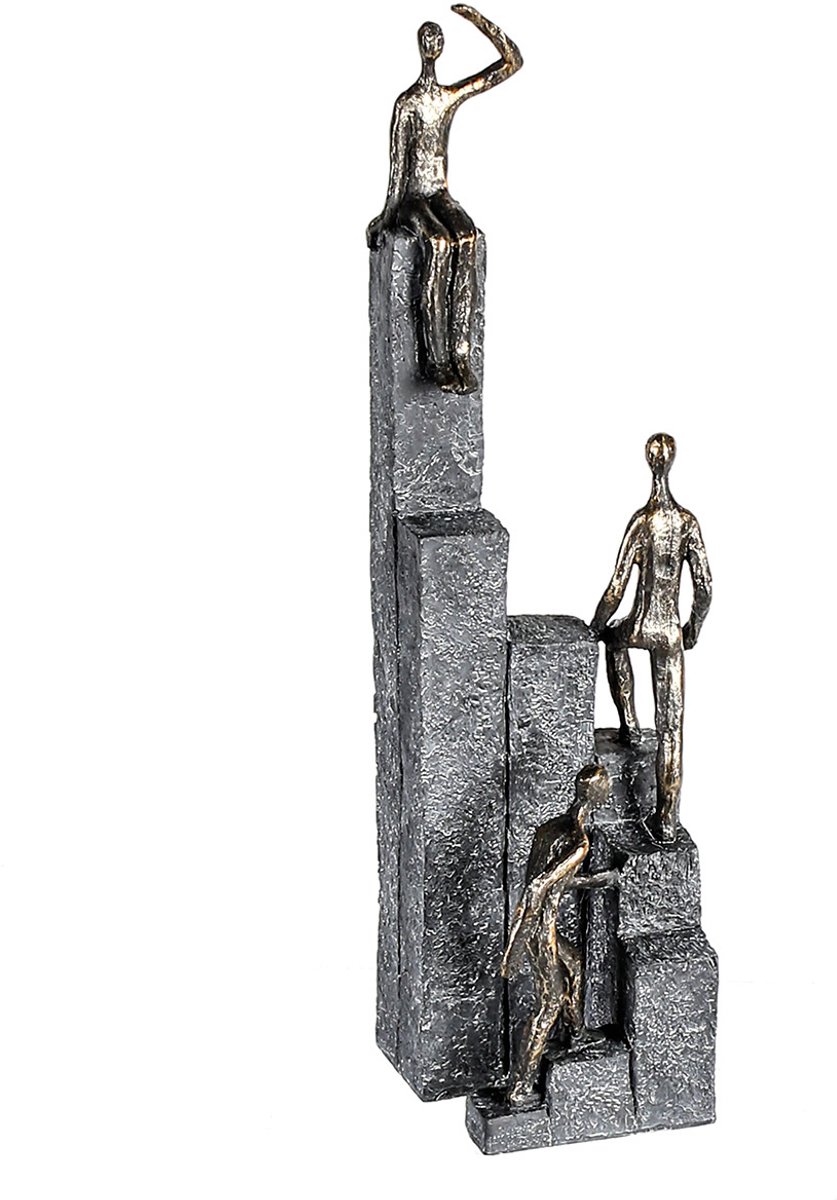 Sculptuur - vooruitgang - decoratie beeld - Grenzen ontdekken en verleggen - 3 mensen die omhoog klimmen op trap - Polyresin - bronskleurig - moed - ontwikkeling