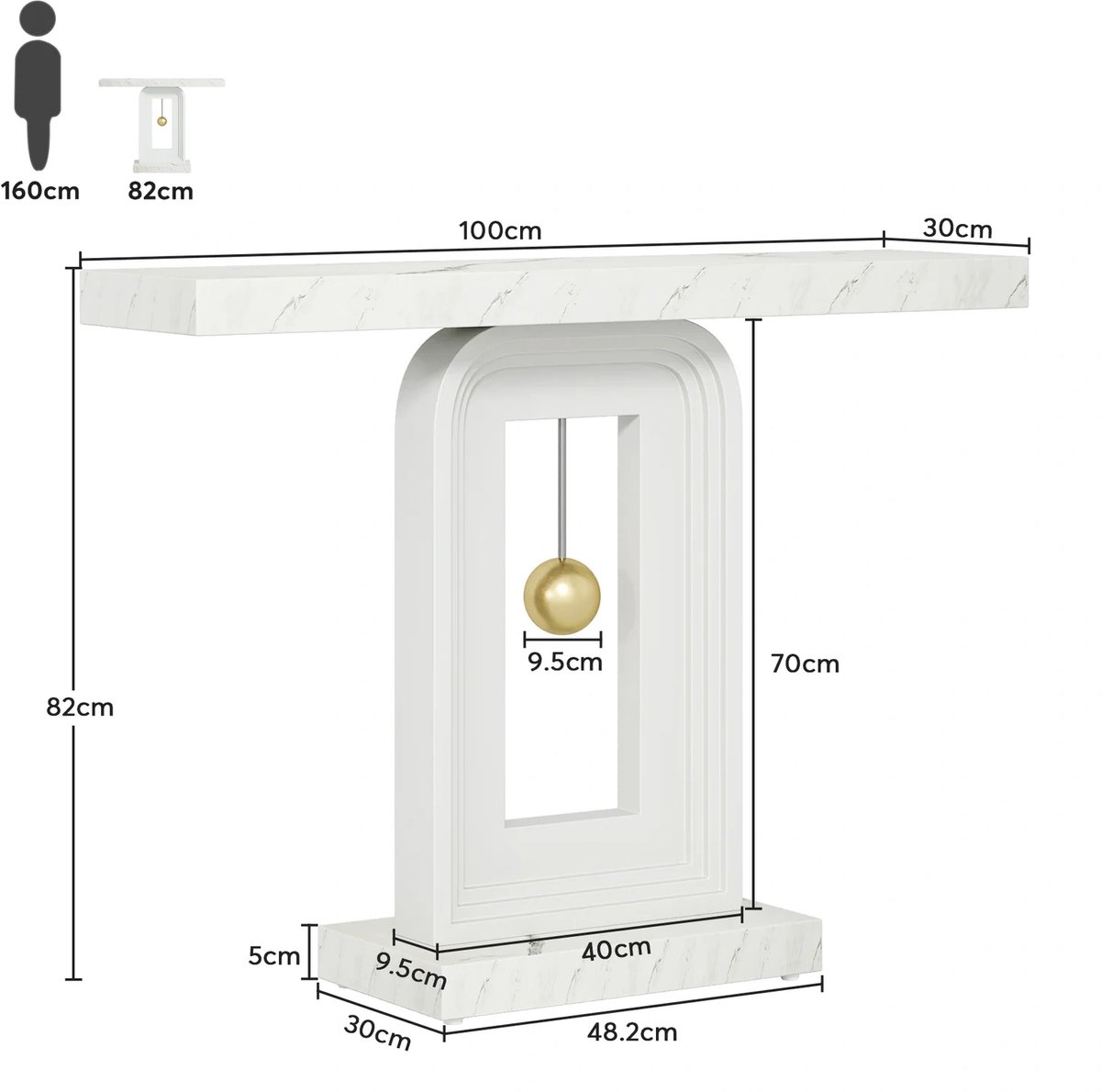 MODENUIT Consoletafel - Smal Model Met Vierkante Basis - Voor Hal En Woonkamer - Marmerlook En MDF - 100 Cm - Wit