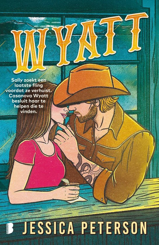 Couverture de livre représentant un cowboy, Wyatt, portant un chapeau de cowboy et des tatouages, touchant une femme, Sally. "Wyatt" est écrit en grosses lettres.