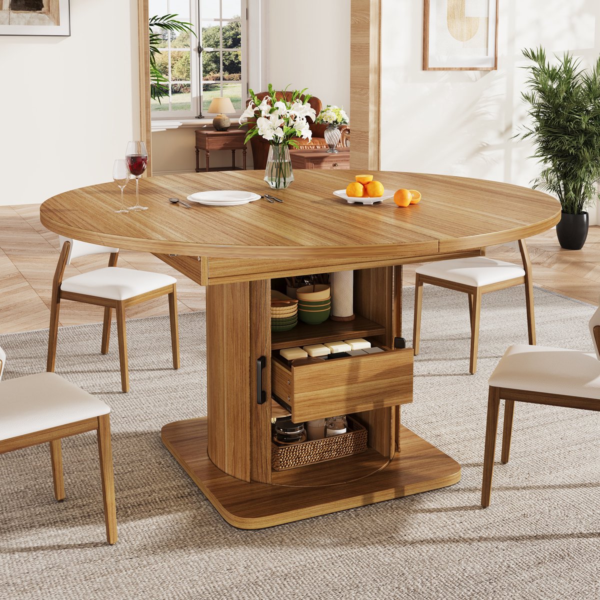 STILVORA Uitschuifbare Eettafel - Rond Naar Ovaal Met Lade - Voor Keuken En Woonkamer - MDF - 118-158x118x76 cm - Zwartbruin Walnoot