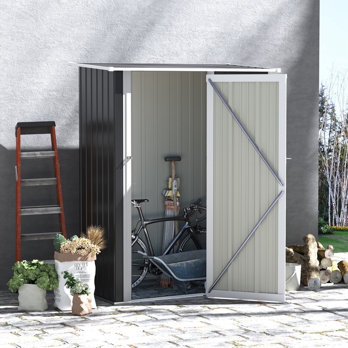 Tuinhuis Metaal, Metalen Schuurtje, Tuinberging Metaal, Tuinschuur/Gereedschapsschuur Met Deur, Voor Buiten, Staal, Donkergrijs, 142 X 84 X 189 Cm