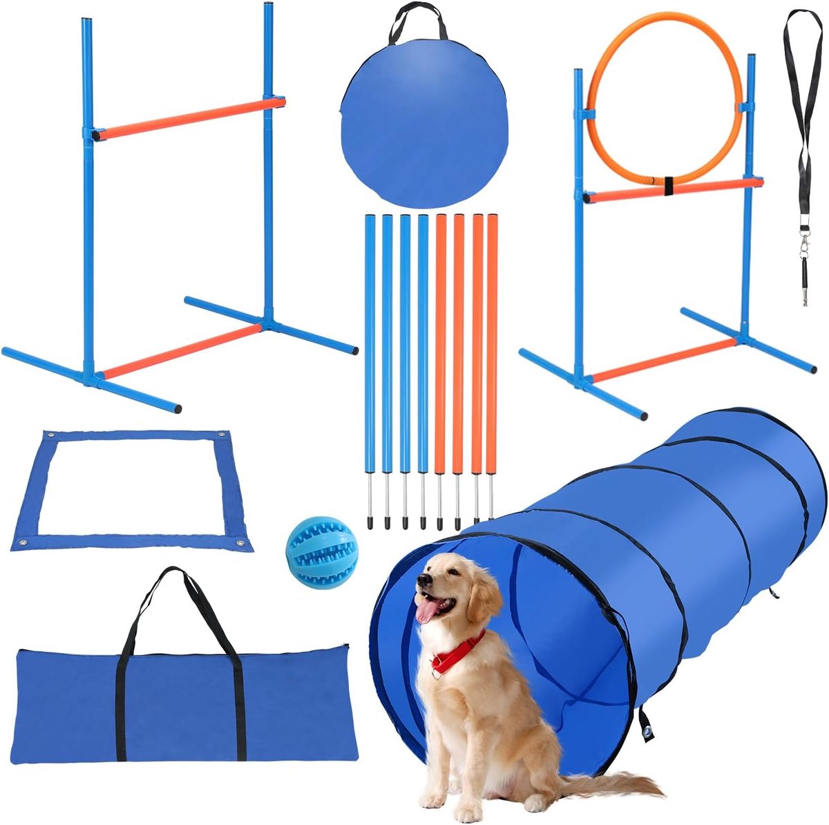 Agility Set - Agility voor de Hond - Honden Training - Tunnel - Slalom - Horde - Opvouwbaar - Lichtgewicht - Inclusief Opbergtas