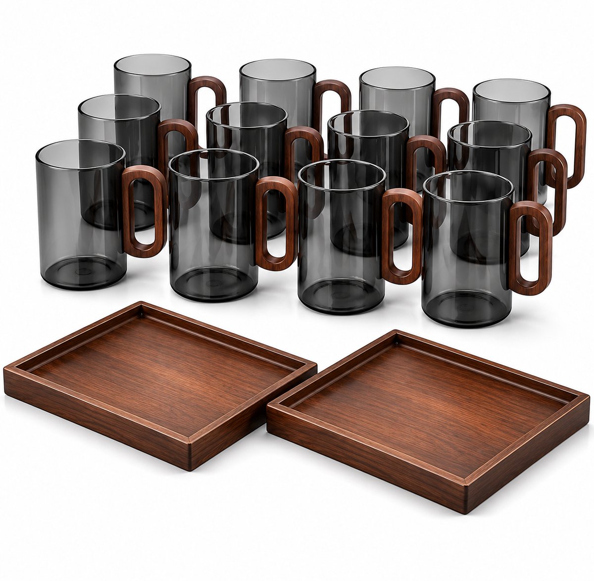 Home & Beyond® 14-delige Glazenset met Houten Dienbladen – 12 Glazen Bekers met Handvat 500ml – Hittebestendig Glas – Voor Koffie, Thee, Water en Sap