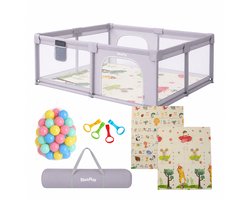 BlockPlay Grondbox Baby 150x180 cm XXL - Grondbox - Baby Park - Speelbox - Kinderbox - Speelmat Baby - Baby Box - Ballenbak met 50 Speelballen - Draagtas - 4 Optrekhendels - Playpen - Kruipdeur - Alfabet