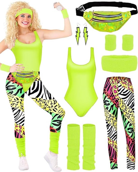 80's Neon Fitness Kostuum Dames – Aerobics Outfit met Legging, Body, Heuptasje & Accessoires – Carnaval & Themafeest - maat L