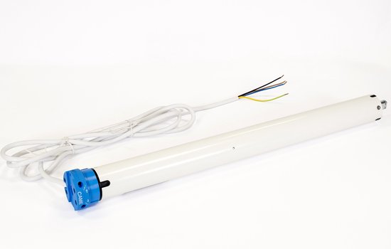 Witte buismotor met blauwe CAME-behuizing, stroomkabel en bedrading.