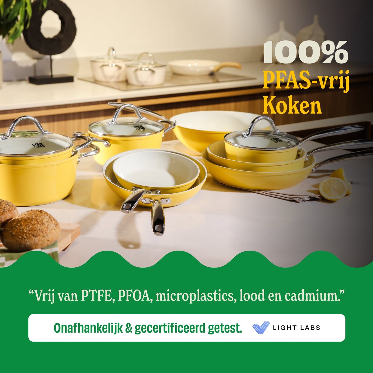 Cook & Pan 9-Delige Pannenset Sunny Side Geel - PFAS vrij - Alle Warmtebronnen - Pannen Set met 7 jaar Garantie - Krasbestendige Anti Aanbaklaag - Vaatwasserbestendig - Gas, Inductie, Elektrisch, Oven - Koekenpan, Wokpan, Steelpan, Hapjespan, Kookpot – foto 4