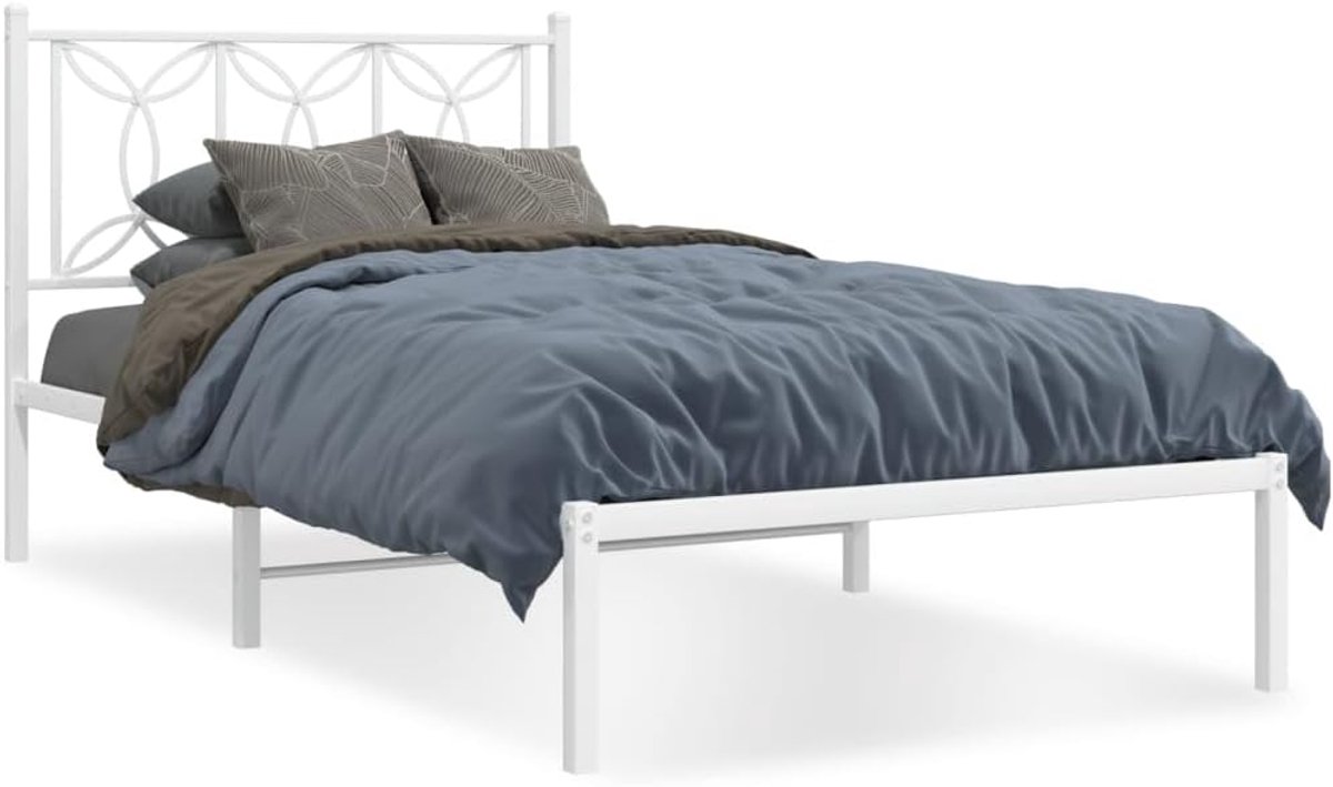 Metalen bedframe - Robuust frame - Slaapkamer inrichten - Geïntegreerd hoofdeinde - 107 x 203 cm - Wit