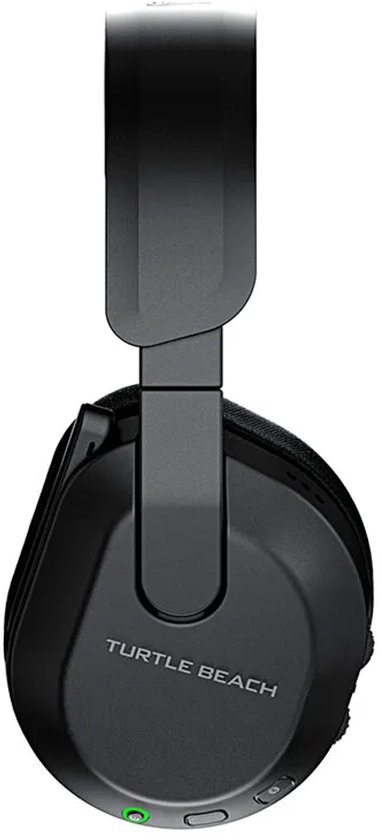 Zij-aanzicht van een zwarte Turtle Beach gaming headset, hangend aan de hoofdband.