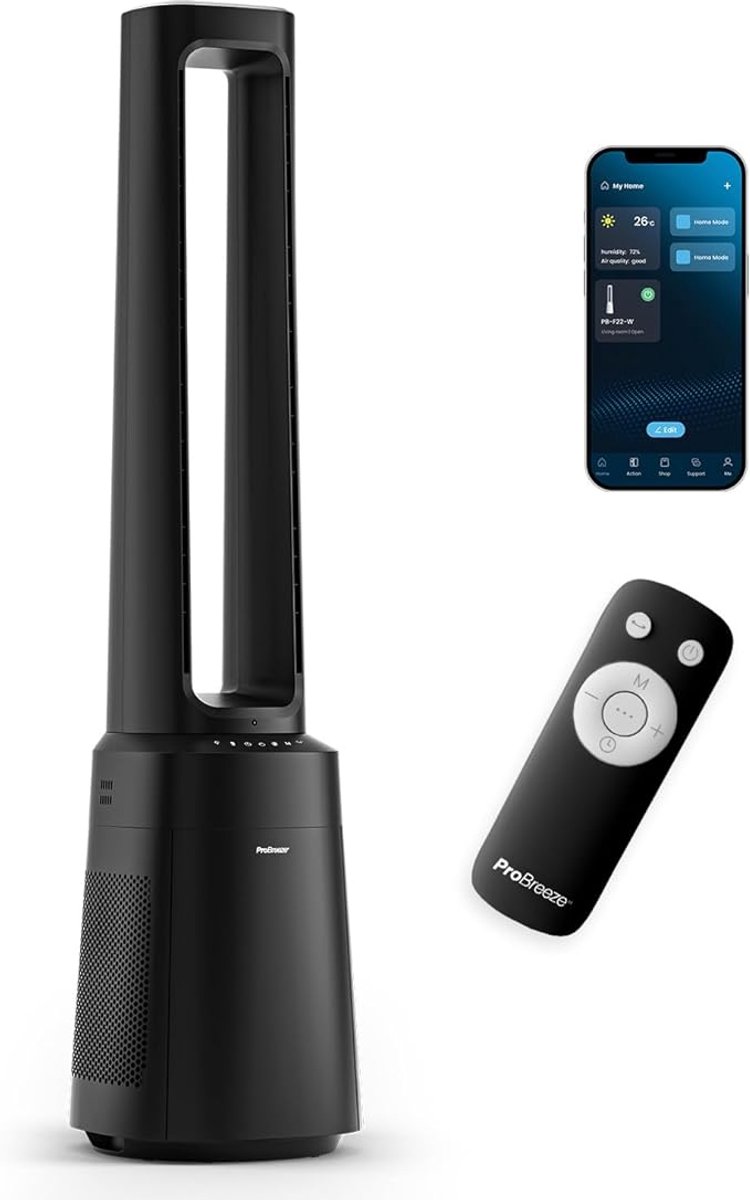 Pro Breeze Bladloze Ventilator - Luchtreiniger - Torenventilator - Slimme Appbediening - 10 Snelheden - Wifi - Werkt met Alexa en Google Home - Zwart