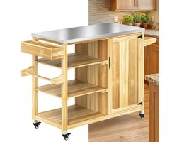 Buitenkeuken op Wielen – BBQ Trolley – Met Opbergkast & Planken – Werktafel voor Buiten – Hout & Metaal – Multifunctioneel – Natuurlijk hout