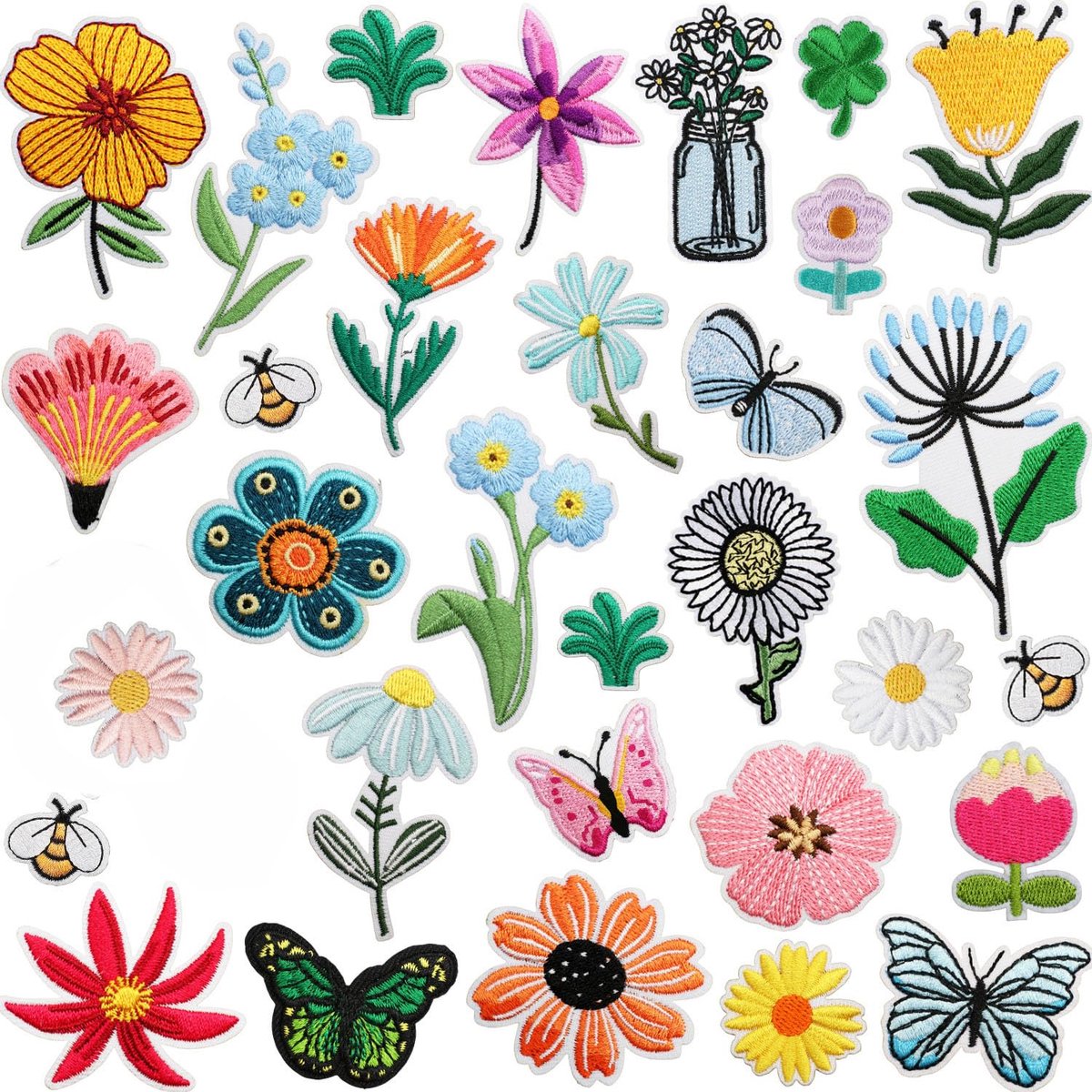carmdering - Strijkpatches - Borduurpatches - Bloem Patches - 32 stuks, strijkbaar, bloemen & vlinders, kleurrijk, duurzaam - Voor jeans, jassen & rugzakken - DIY kledingdecoratie
